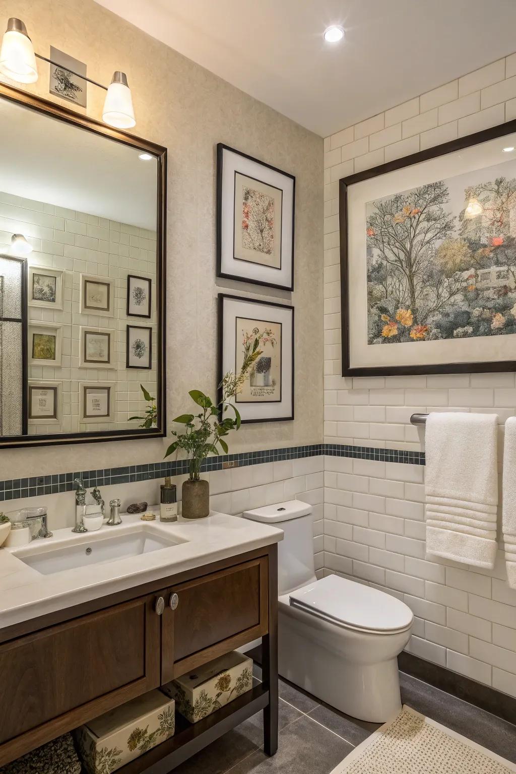 In this bathroom, framed artwork gives a personal touch.