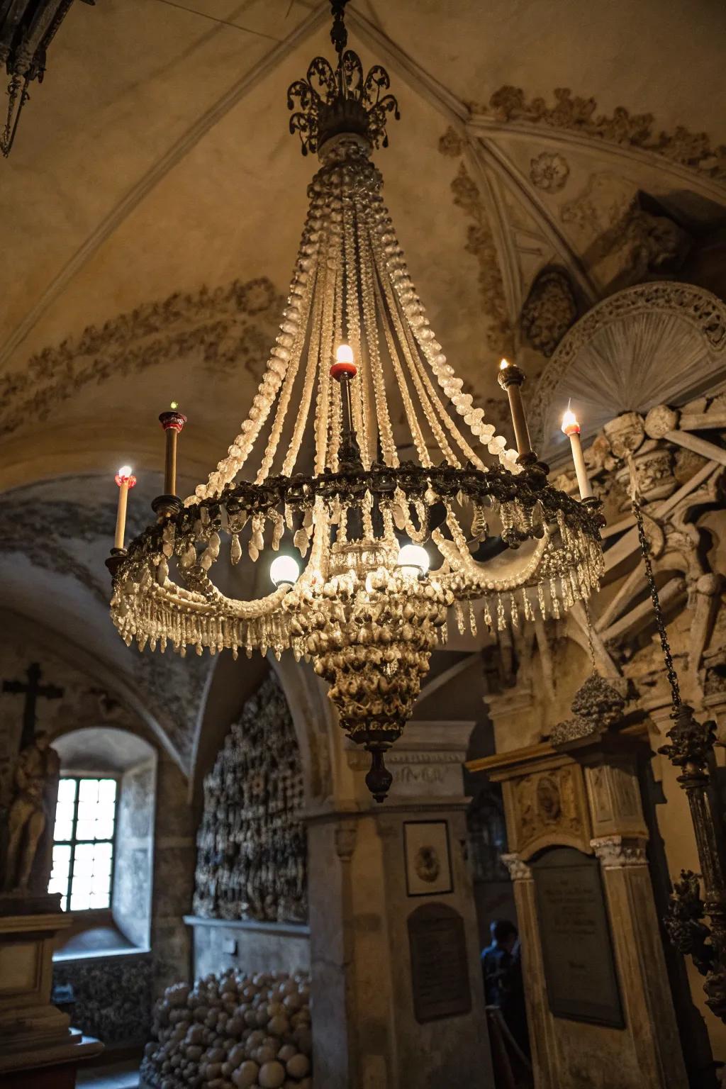 Skulls impart a classically spooky element to your Halloween chandelier.