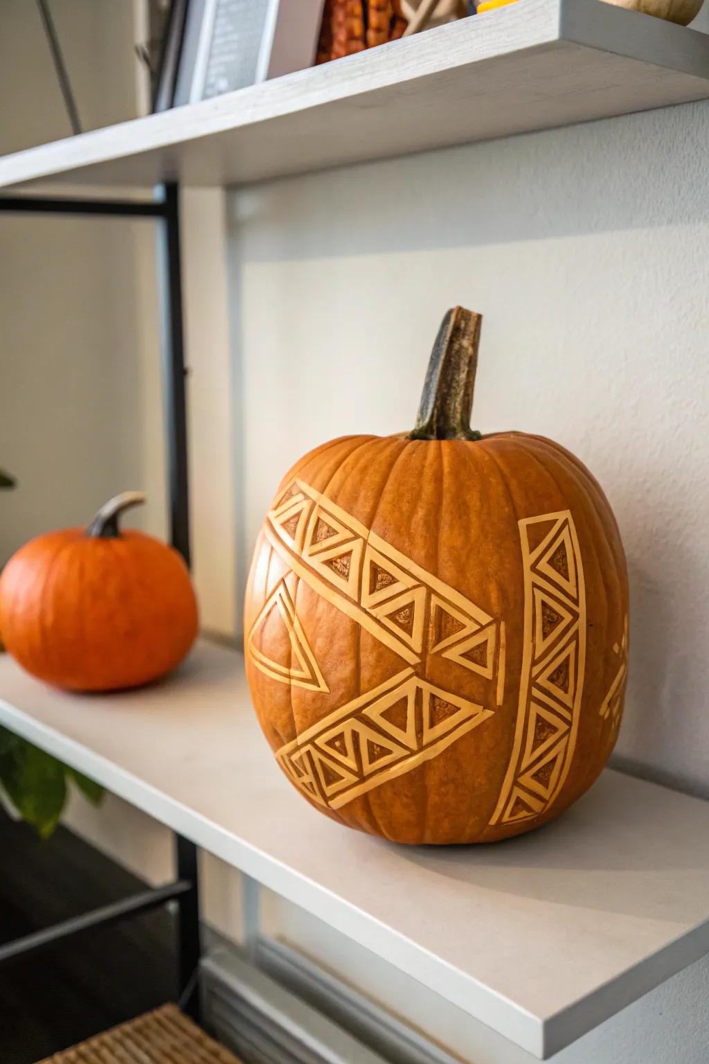 Abstract geometric patterns offer a modern twist on pumpkin carving.