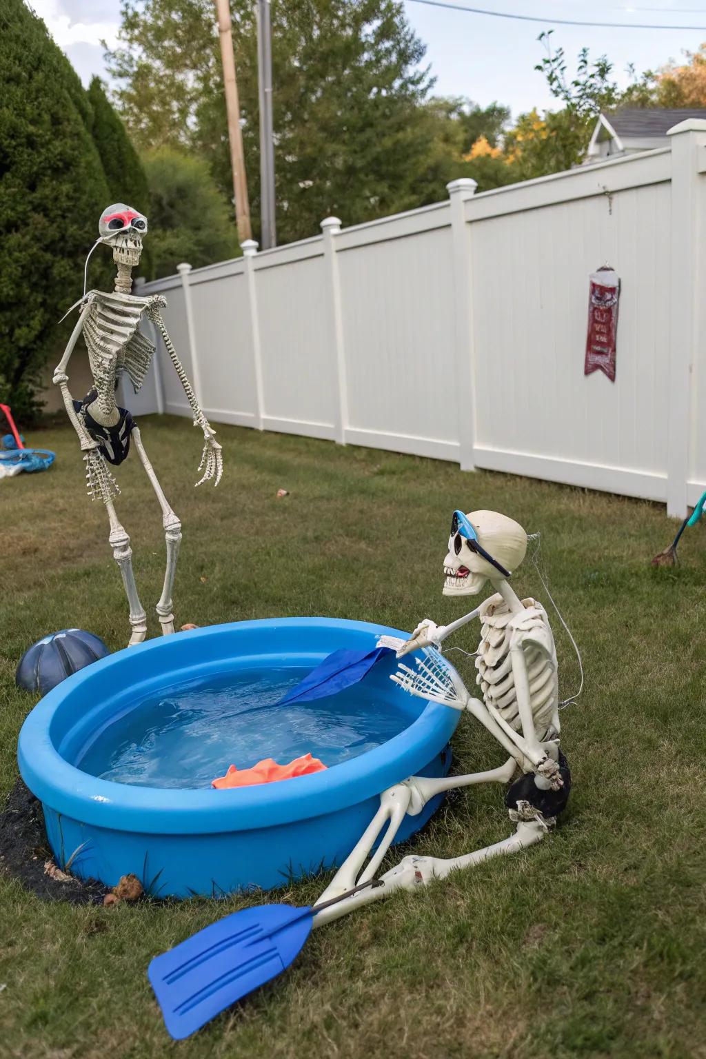 Snorkeling skeletons bring a quirky beach vibe to your Halloween decor.