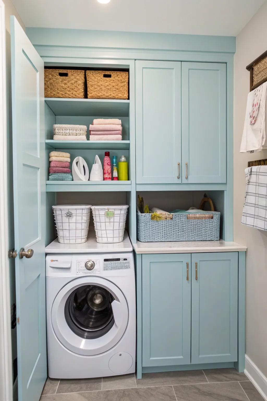 Soft blue cabinets add a refreshing touch.