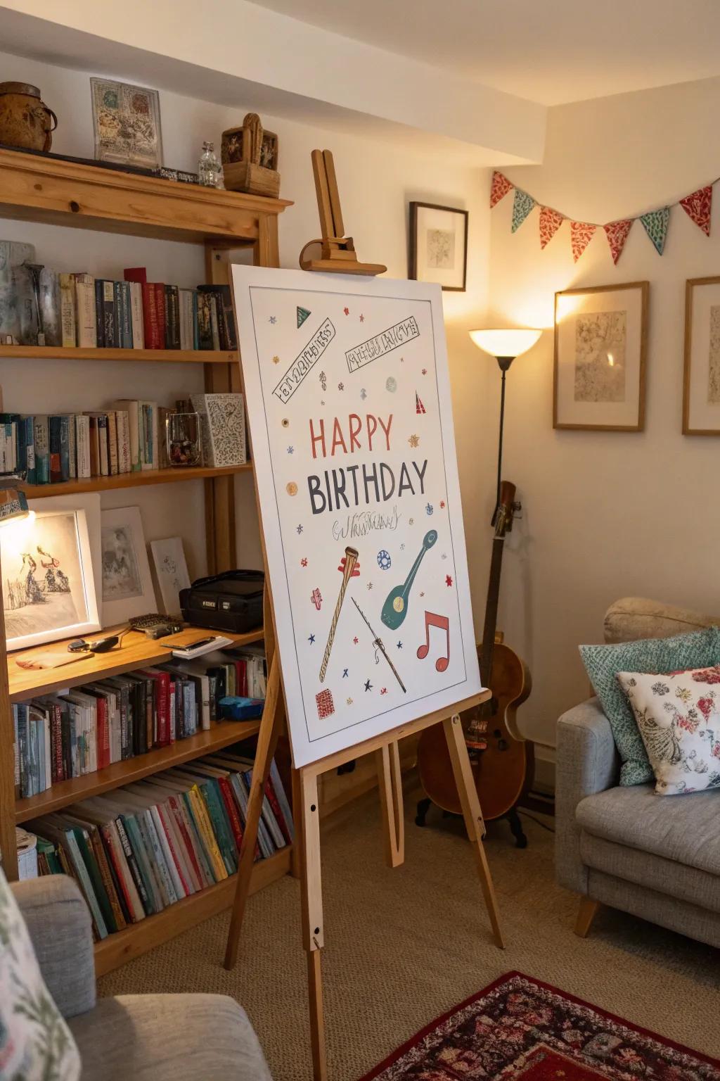 Themed birthday signs reflect the celebrant's unique interests.