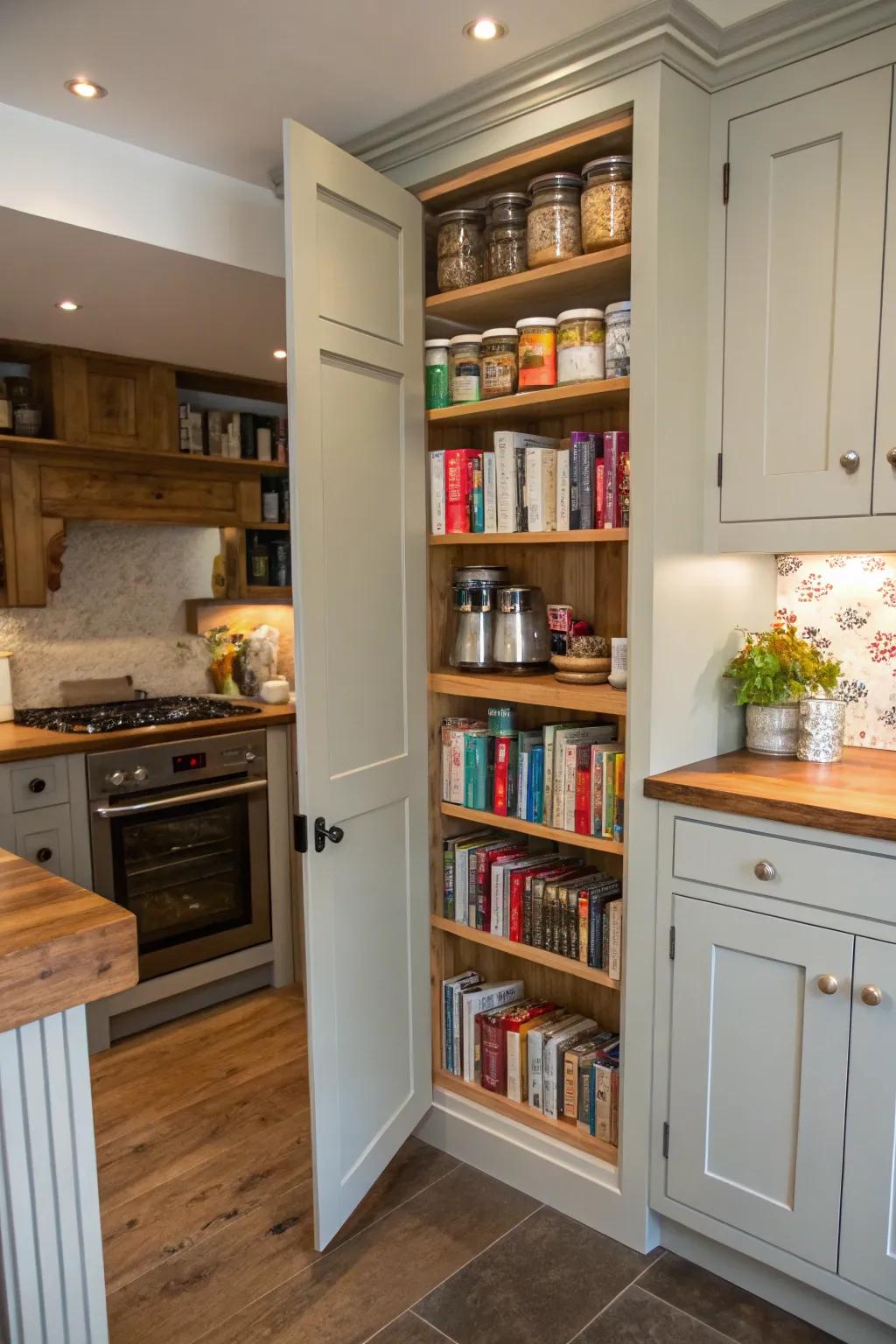 A hidden pantry cleverly concealed behind a bookcase door.