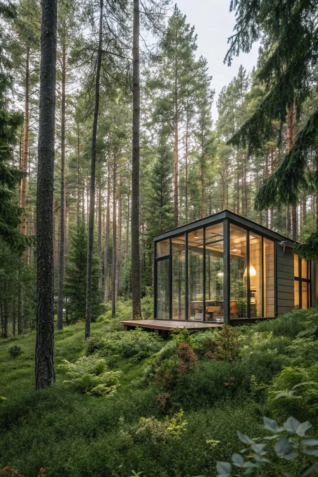 A glass cabin offering panoramic views of the forest.