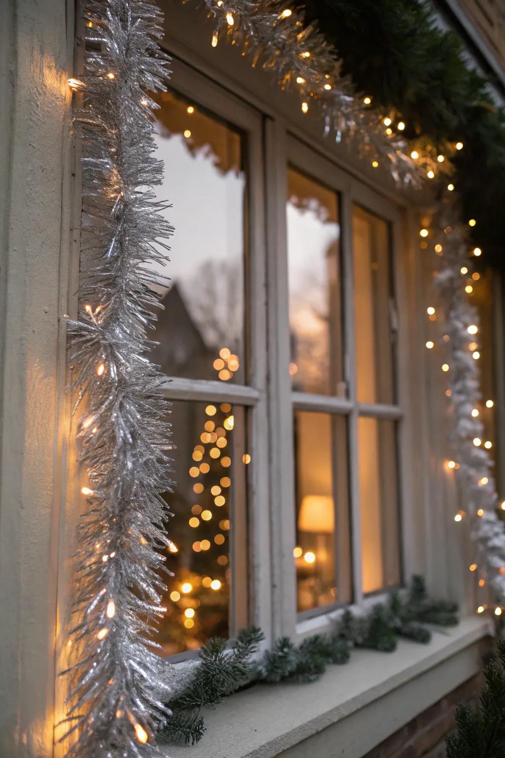 A window delightfully framed with glittery chain decorations.