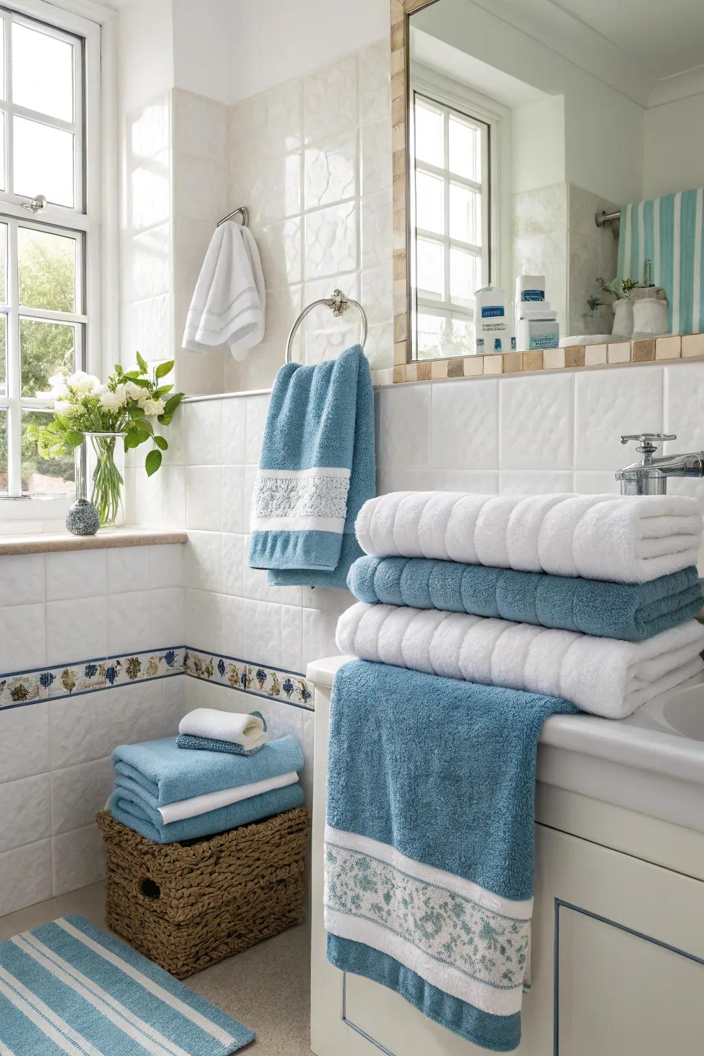 Color-coordinated towels create a cohesive and stylish bathroom look.