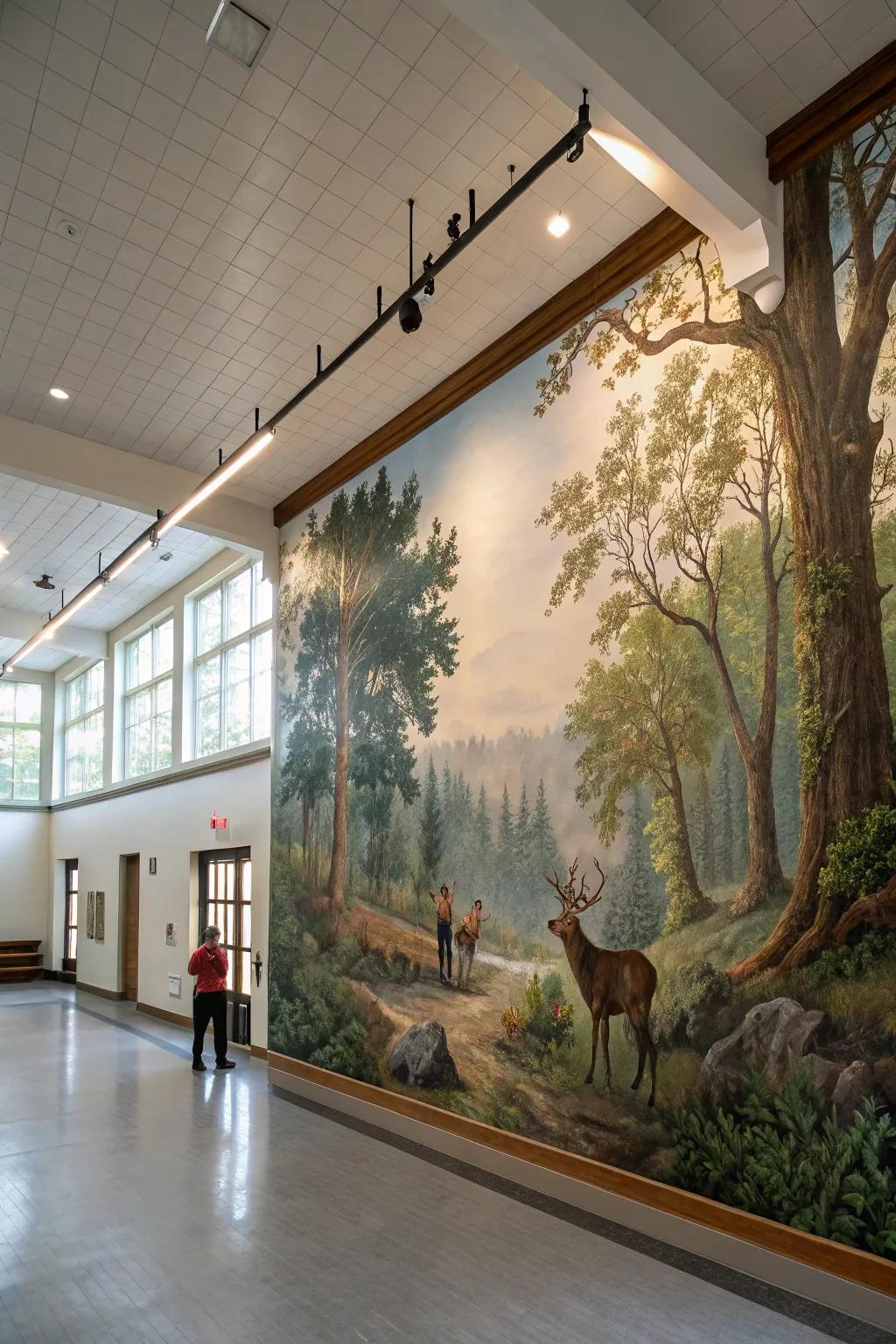 A hunting-themed mural makes a bold and immersive statement.