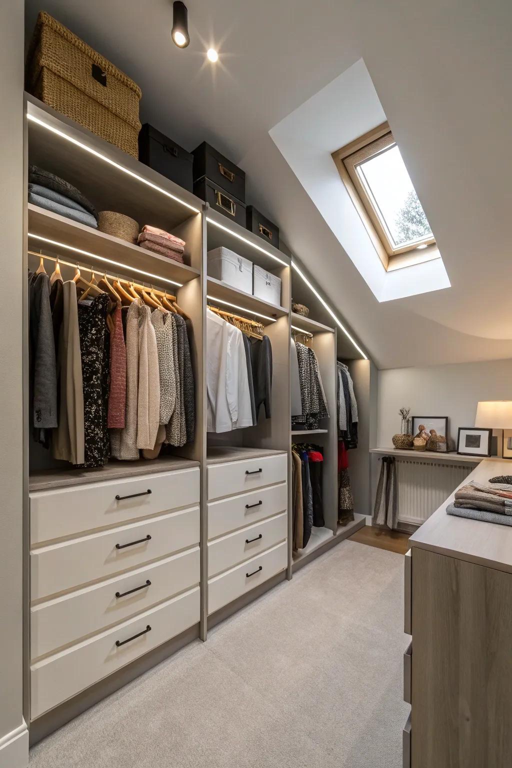 A cleverly designed walk-in closet in a non-standard room shape.