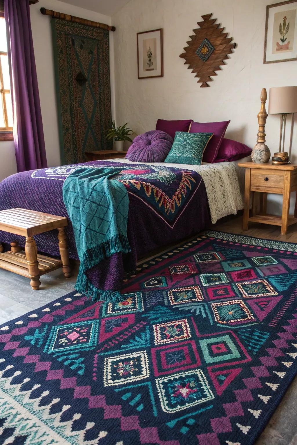 A patterned rug ties together jewel tones and adds visual interest.