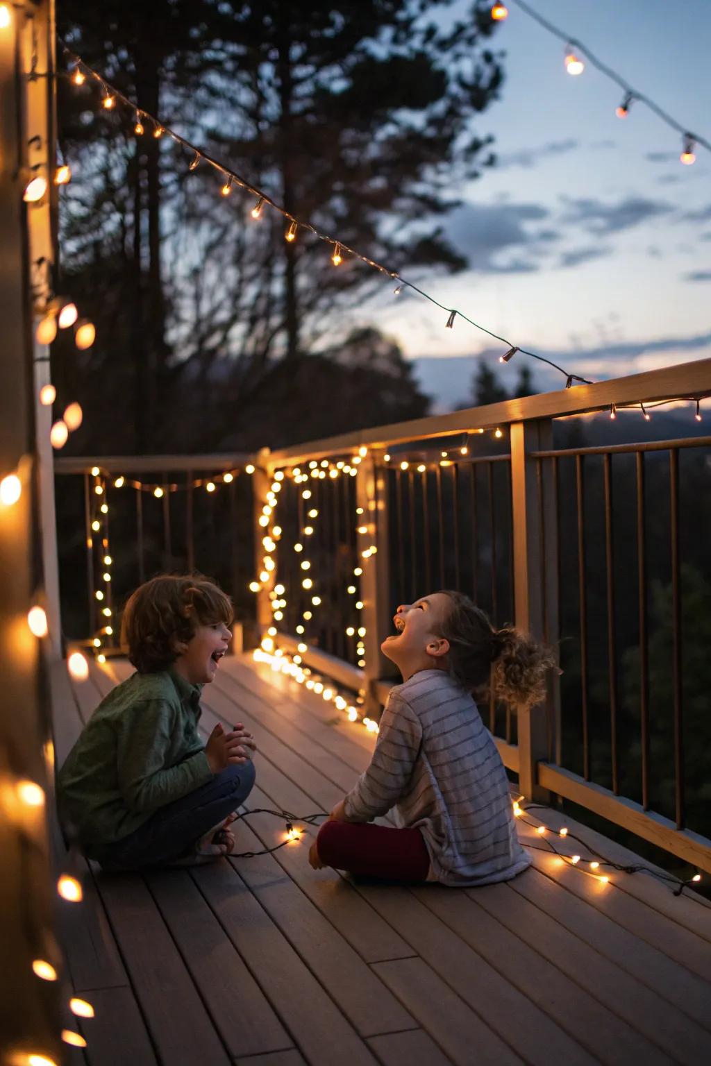 A deck illuminated by solar string lights at dusk where children are playing.