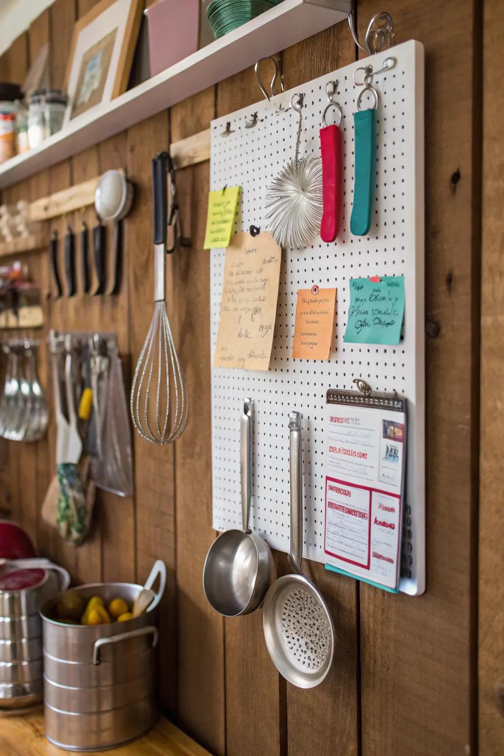 A pegboard offers a customizable and practical space for organization.