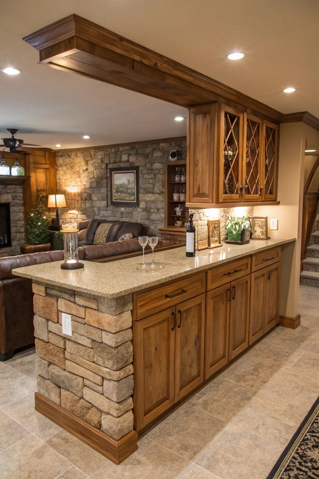 Stone countertops bring rustic elegance to this bar.