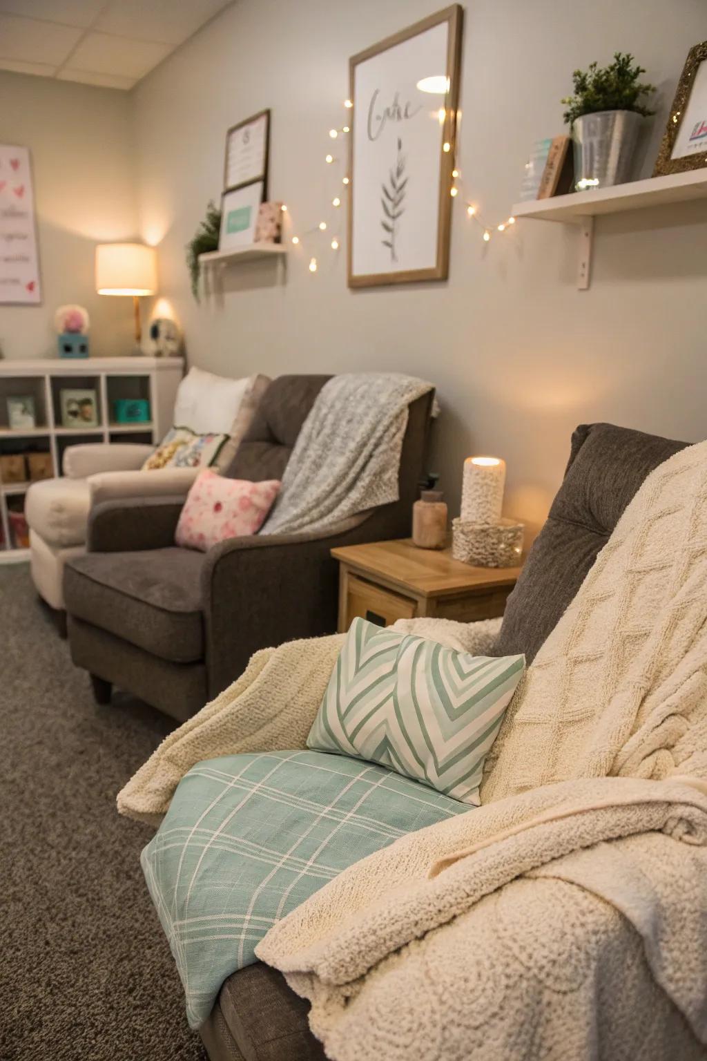 Cozy pillows and blankets add personal touches and comfort.