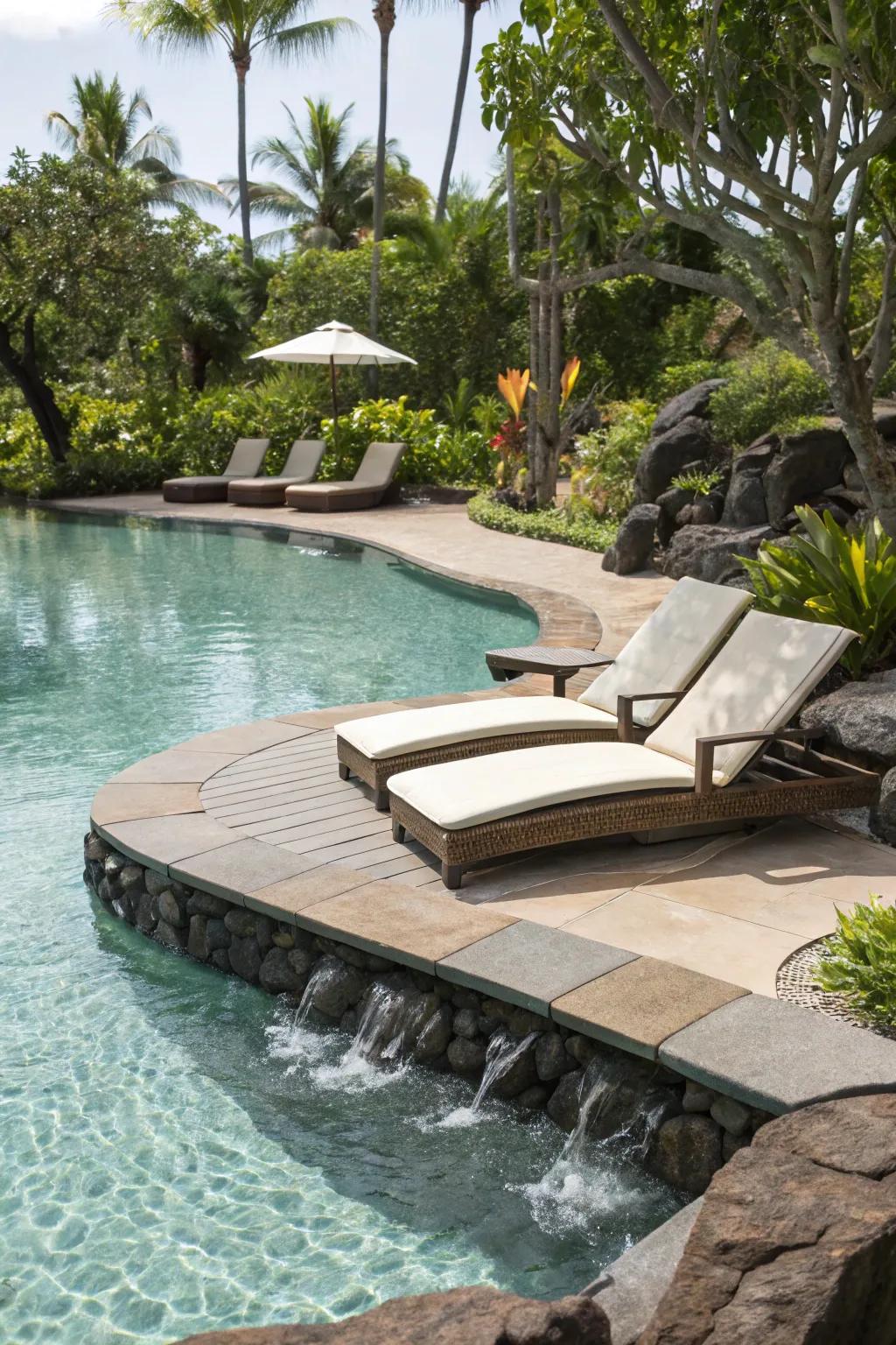 Sun shelves provide a relaxing space to lounge in lagoon pools.