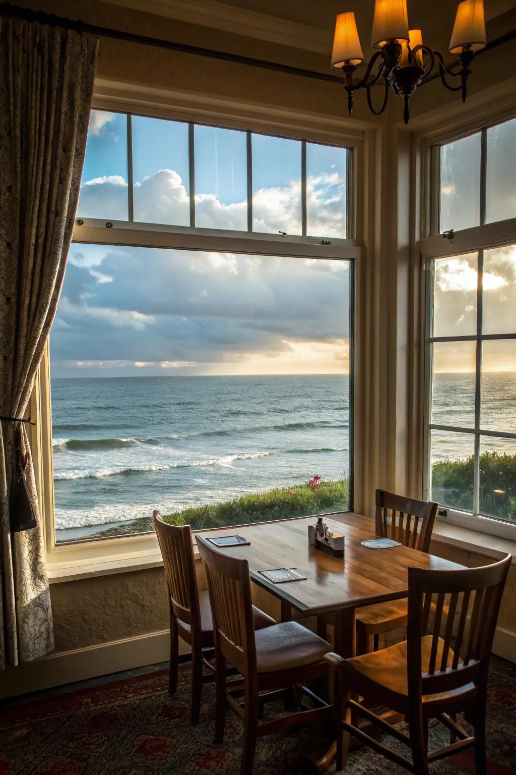 A dining room window beautifully framing a scenic ocean view.