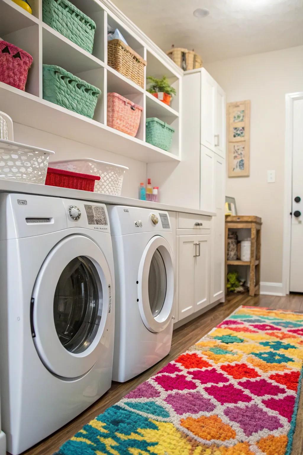 A vibrant rug adds color and warmth to the laundry room.