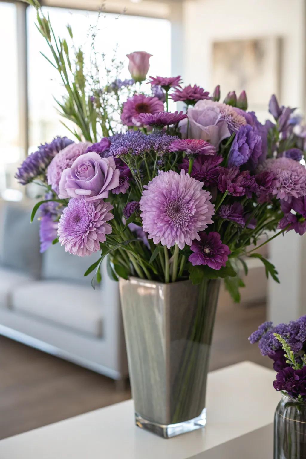 A captivating floral display featuring purple blossoms, introducing sophistication to the space.