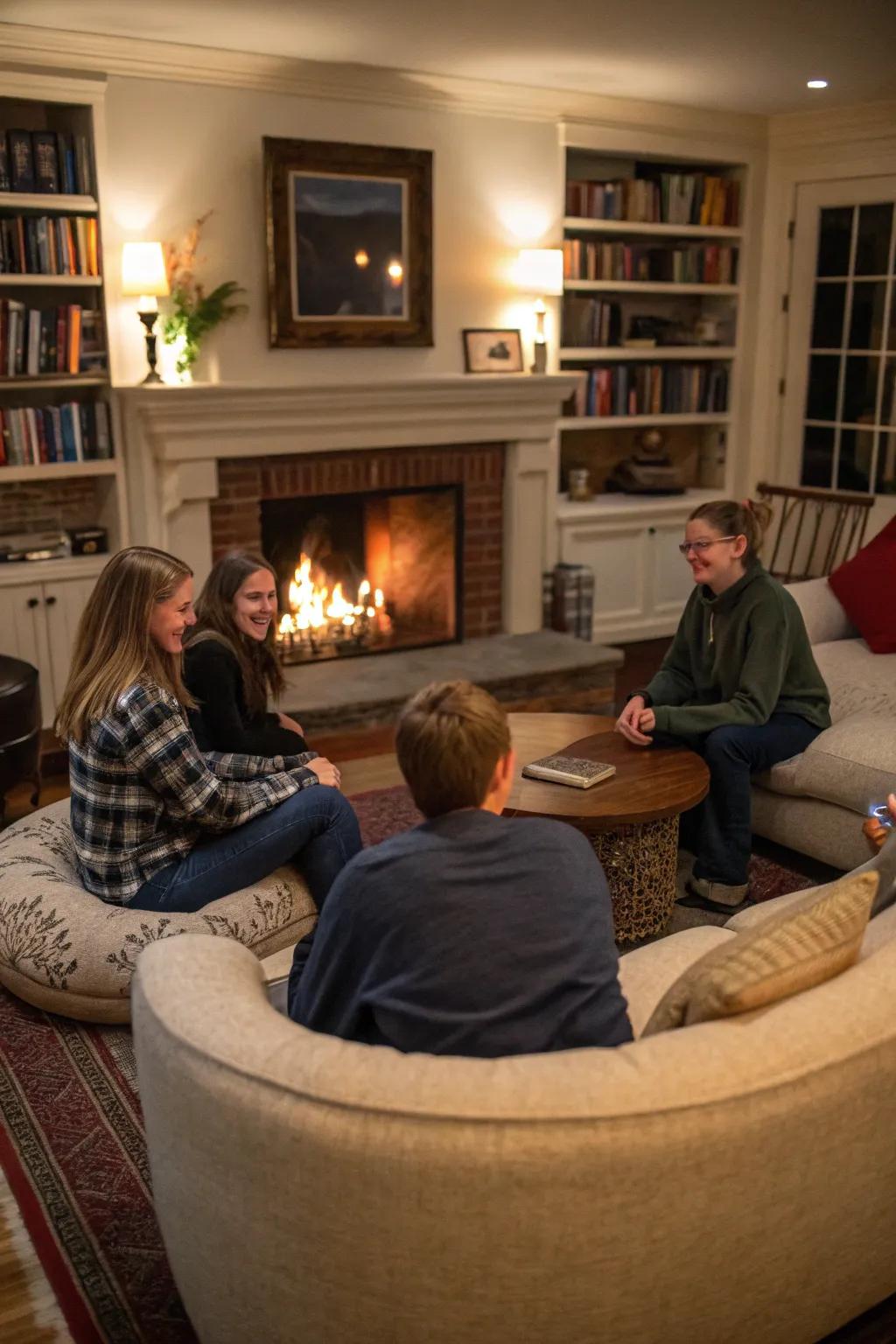 A conversational circle seating arrangement around the fireplace.