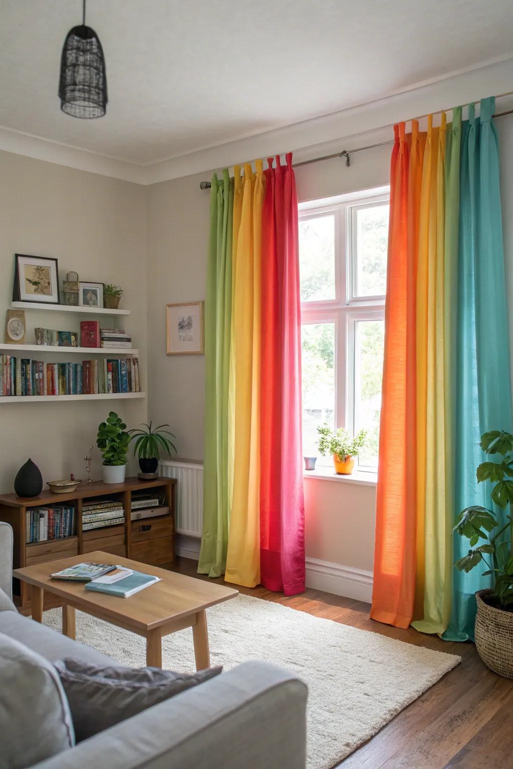 Colorful curtains add vibrancy and personality.