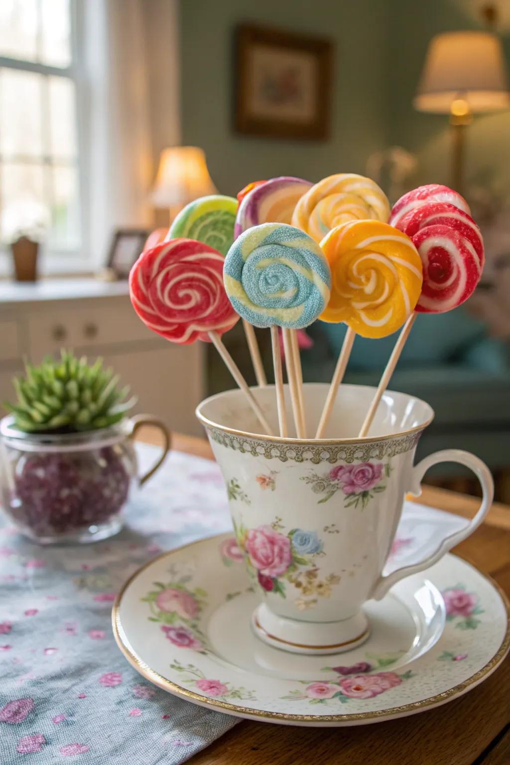 A whimsical lollipop bouquet in a vintage tea cup