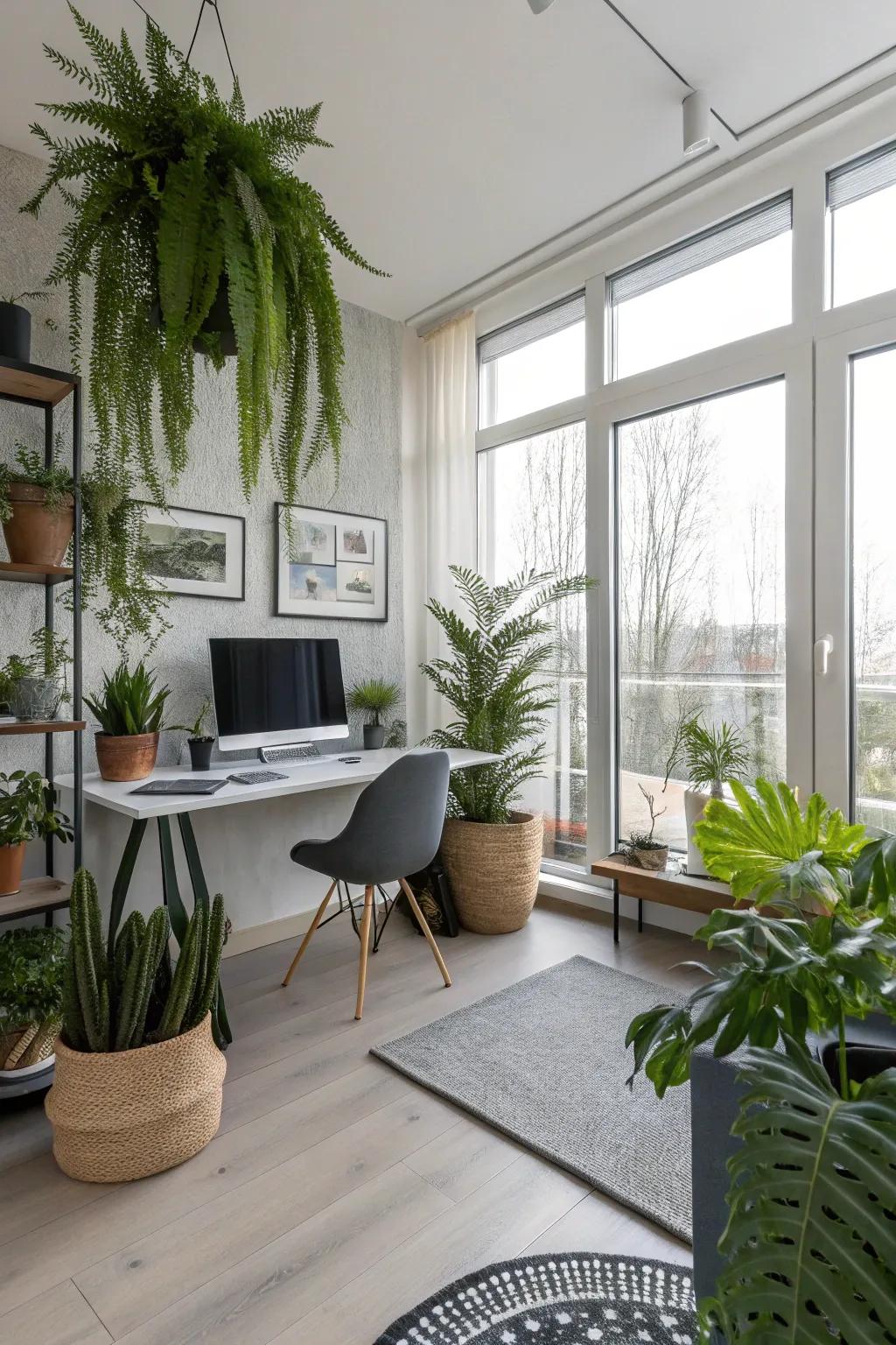 A home office enhanced by the presence of indoor greenery.