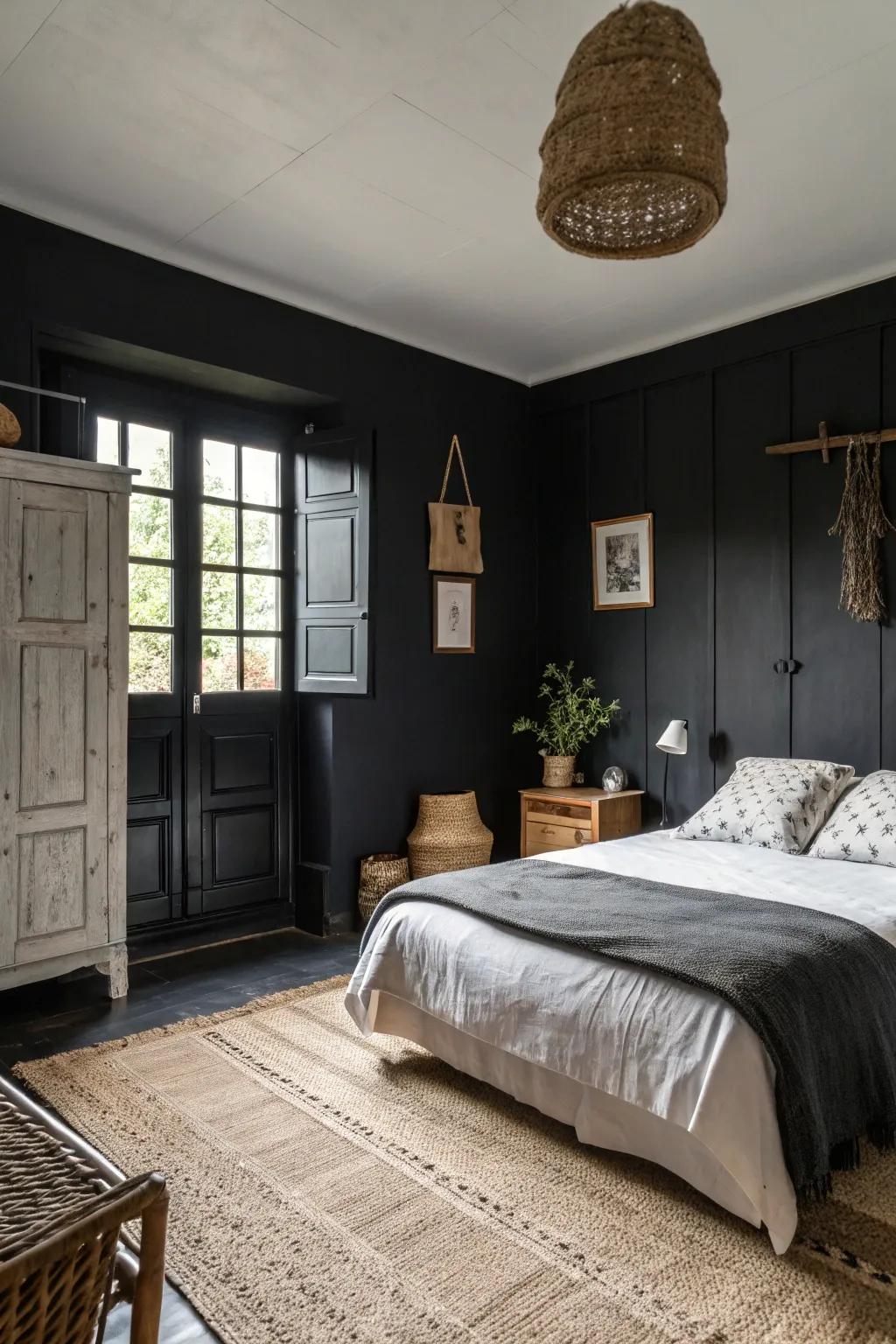 Minimalistic decor creates a clean, luxurious feel in this black bedroom.