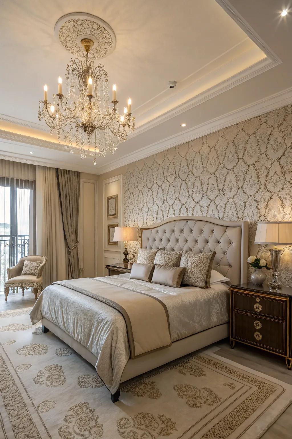 Wall coverings add depth and attraction to the master bedroom.