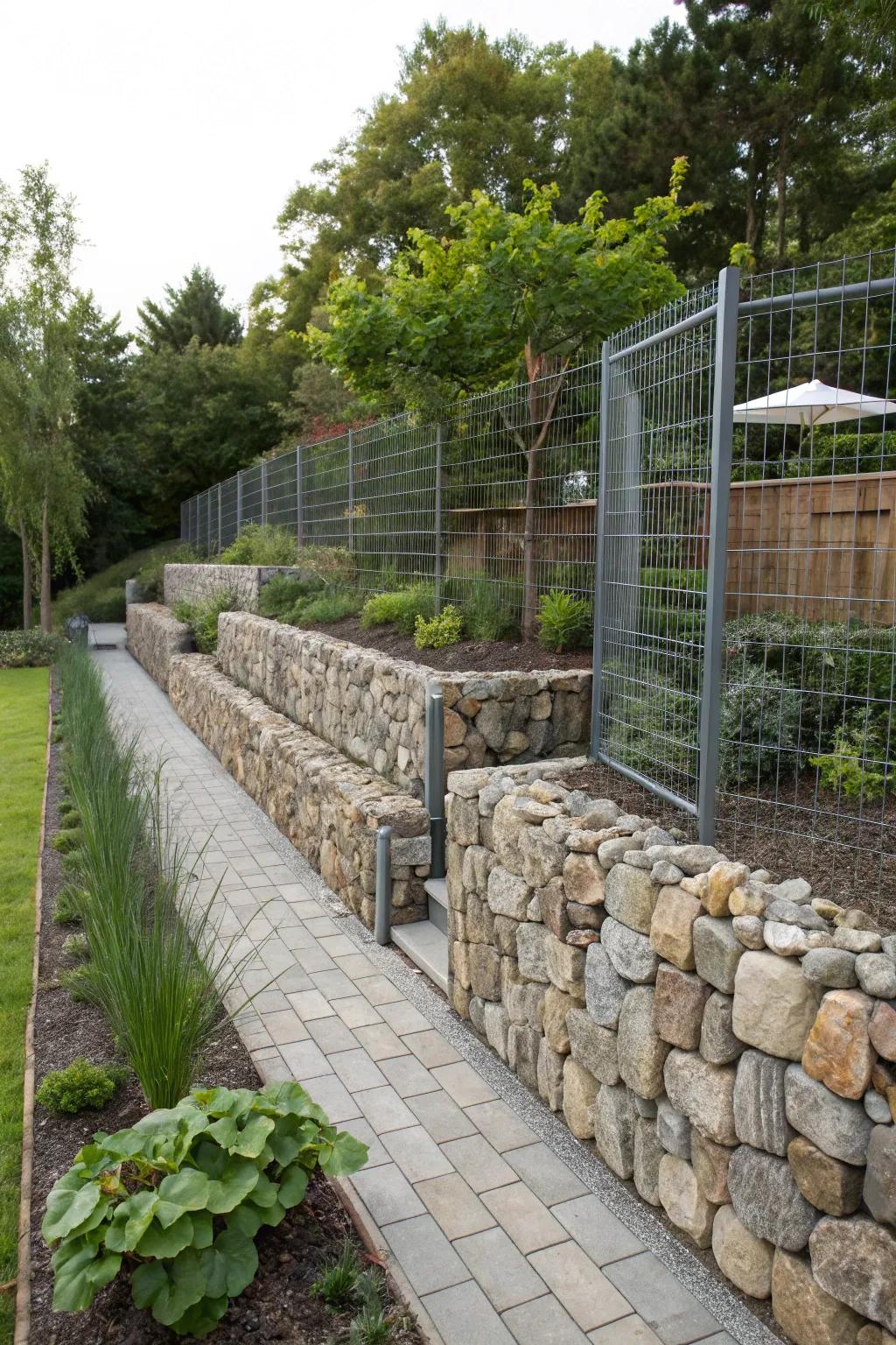 Gabion walls blend nature with metal structures