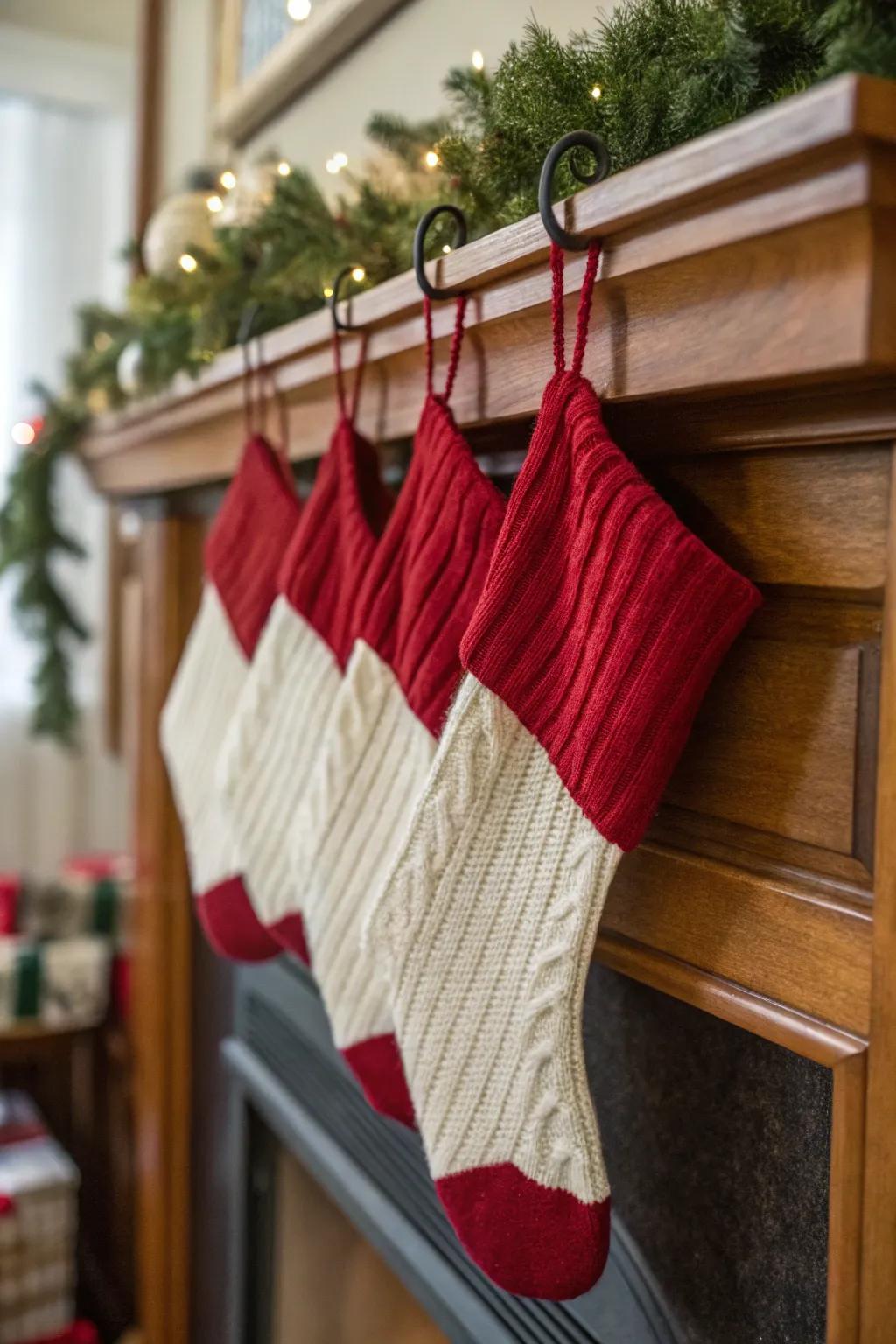 Plain knitted hosiery introducing texture to a minimalist Christmas decor.