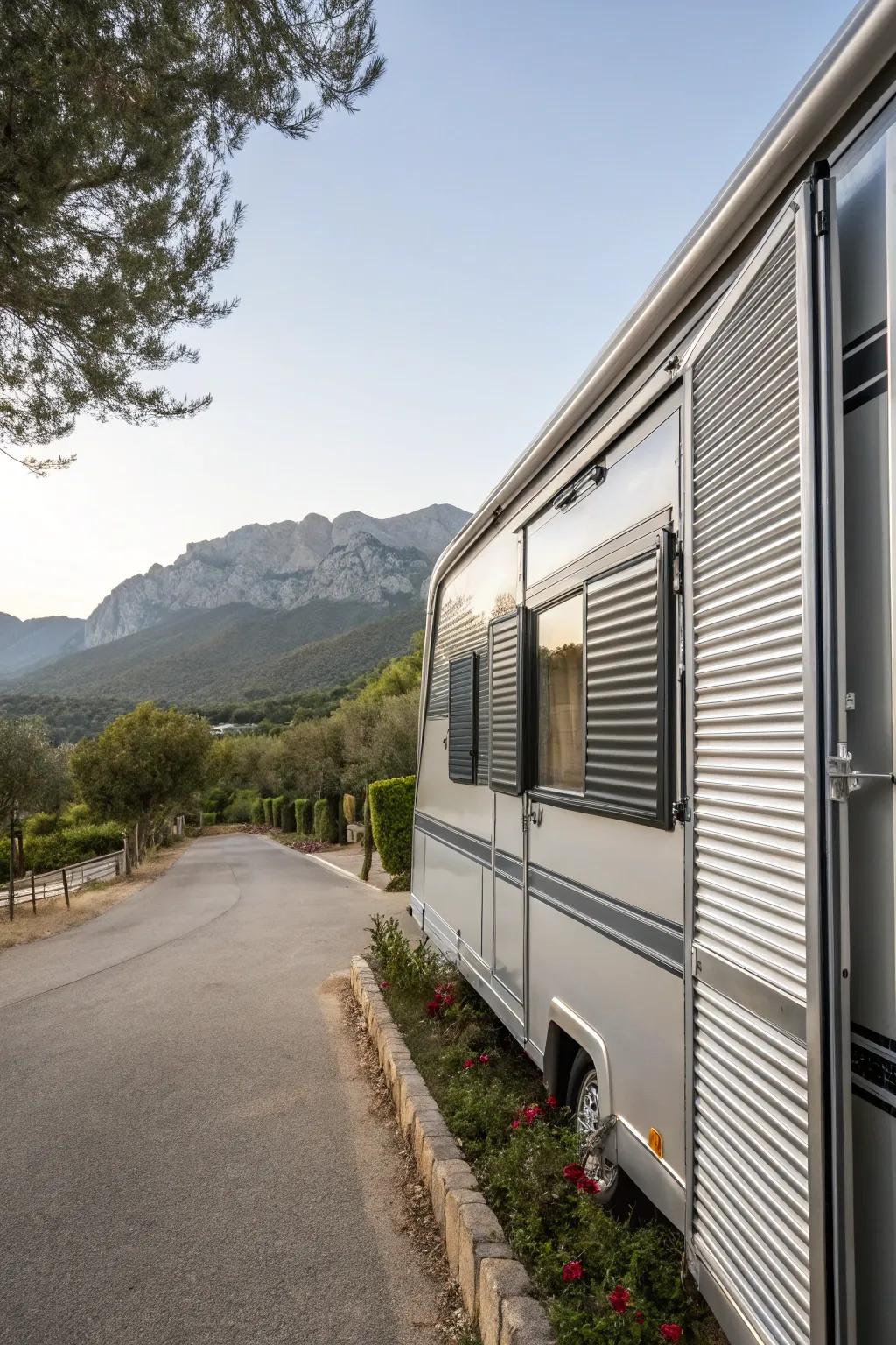 Sleek metal shutters providing a modern touch to a mobile home.