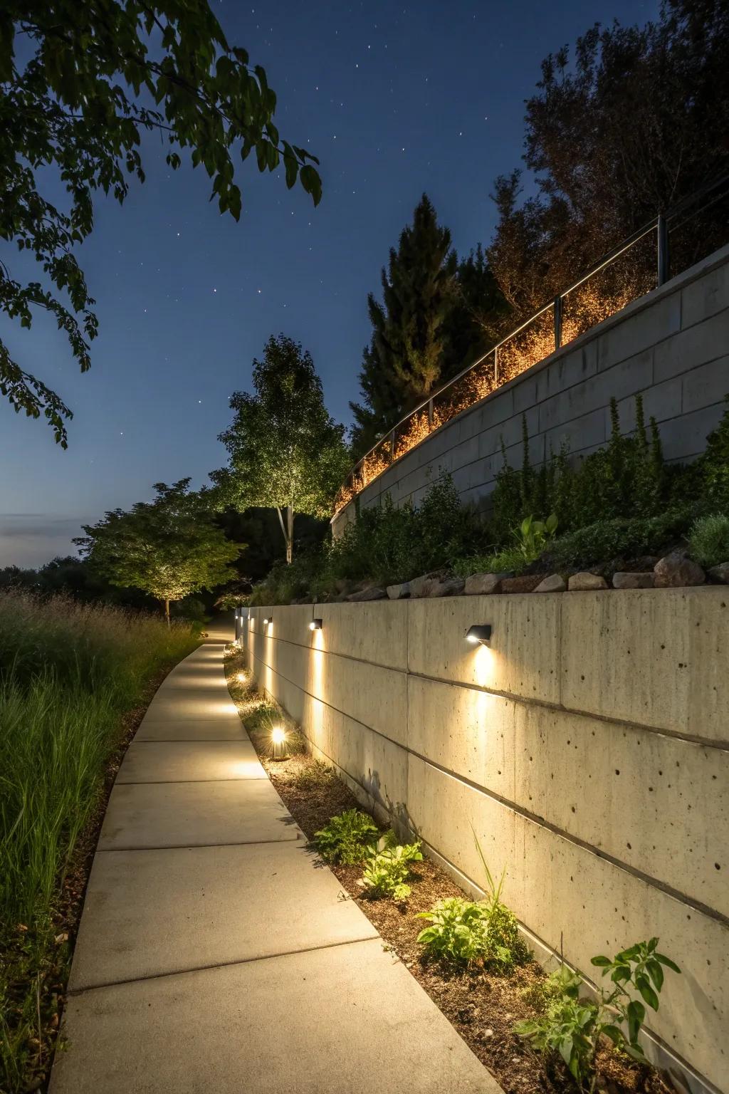 Concrete wall with built-in lighting for a magical night garden.