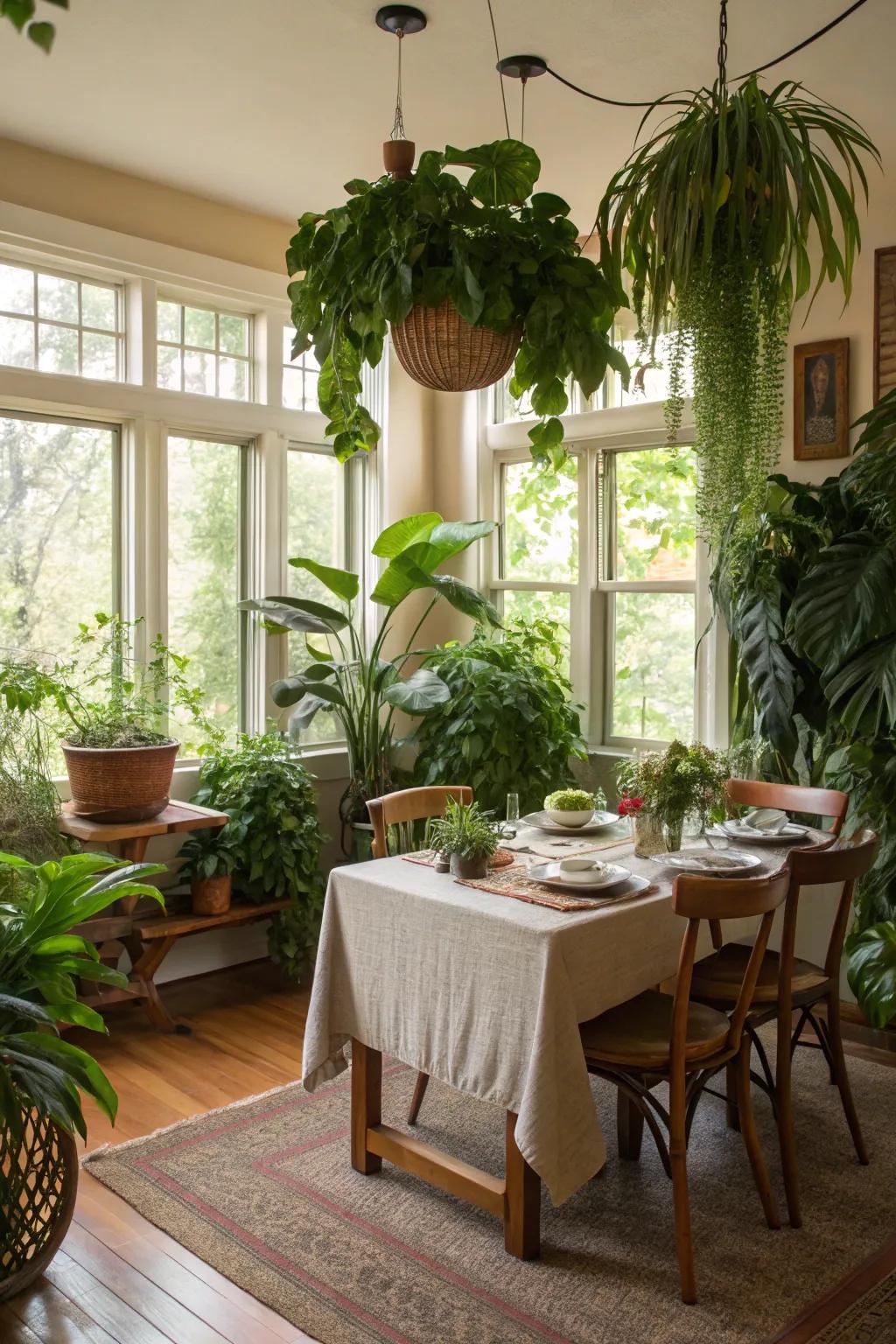 Indoor plants add a fresh and natural element to the dining room.