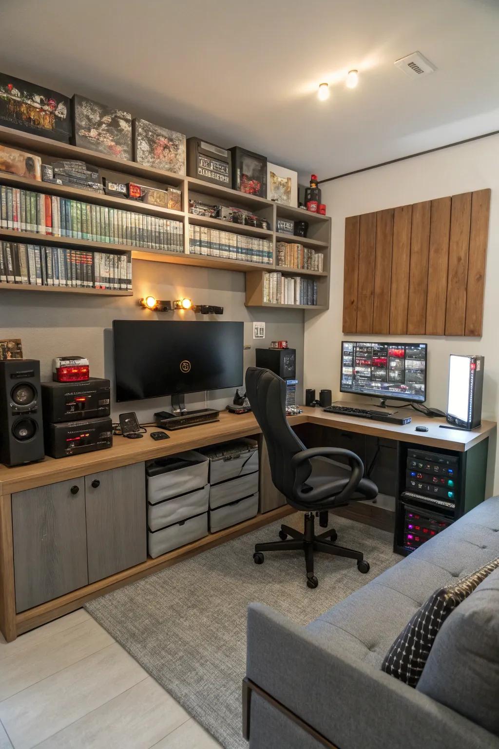 A gaming bedroom with efficient wall-mounted storage solutions.