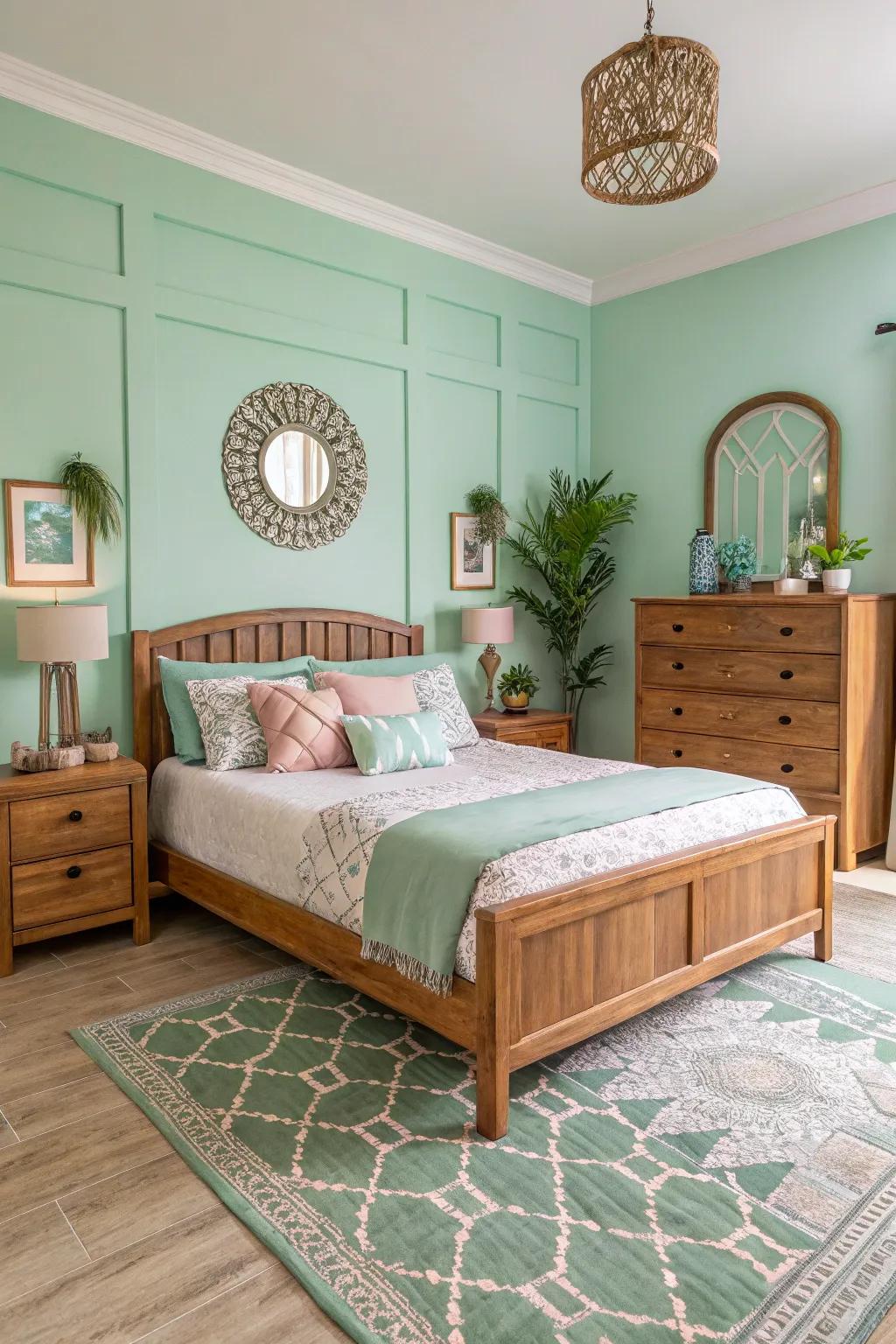 Warm wooden accents in a springtime green boudoir.