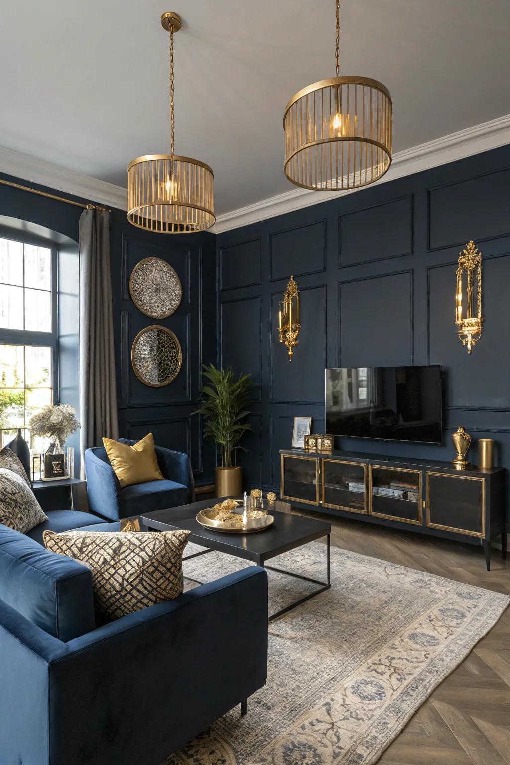 Gold accents bring warmth and luxury to navy decor.