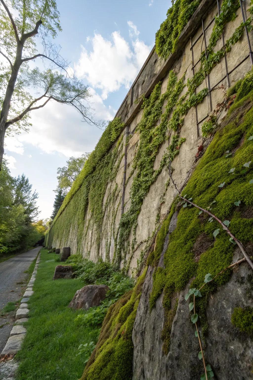 An engaging vertical wall feature with lichen rocks and foliage.