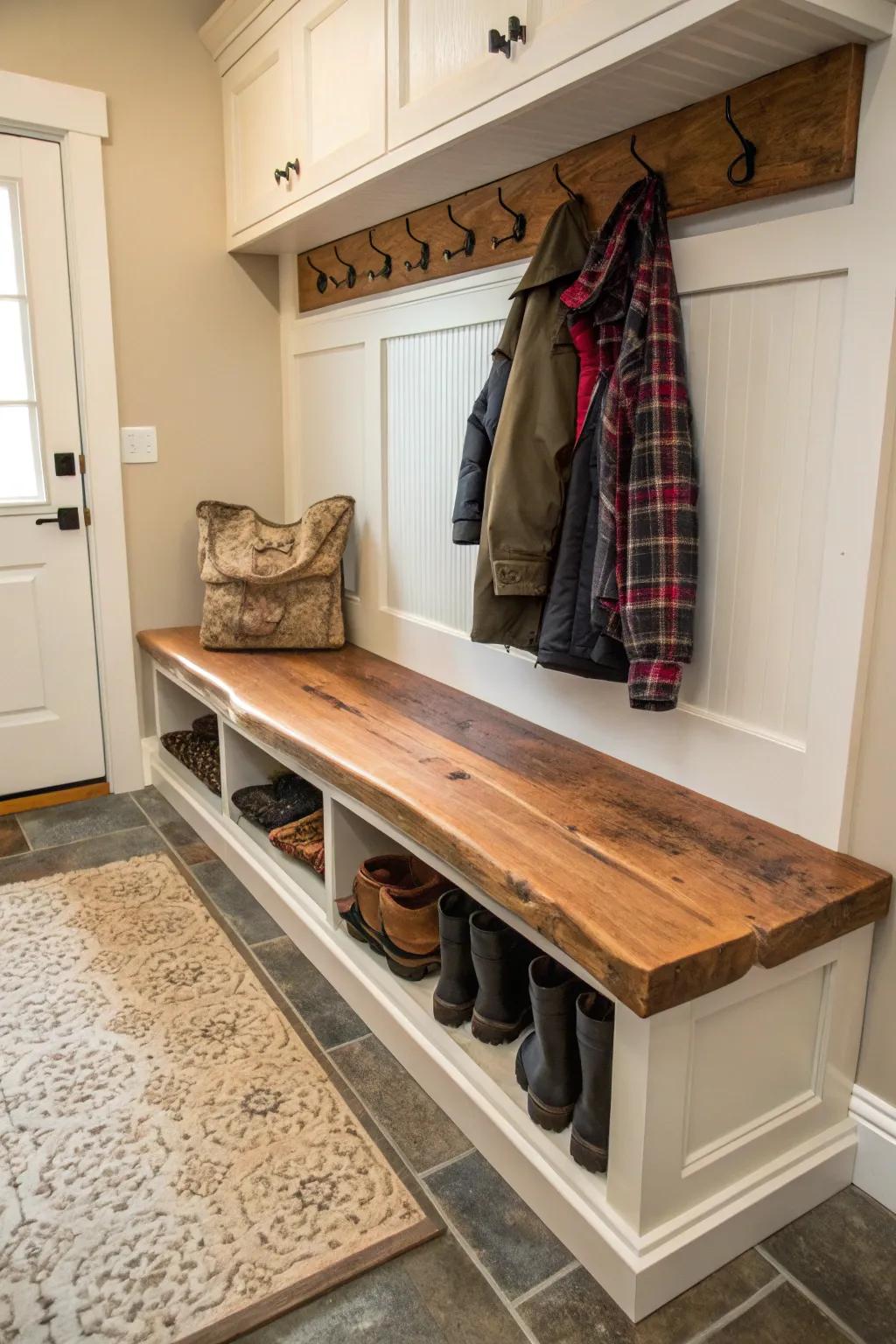 A rustic mudroom bench with a distinctive live edge top.