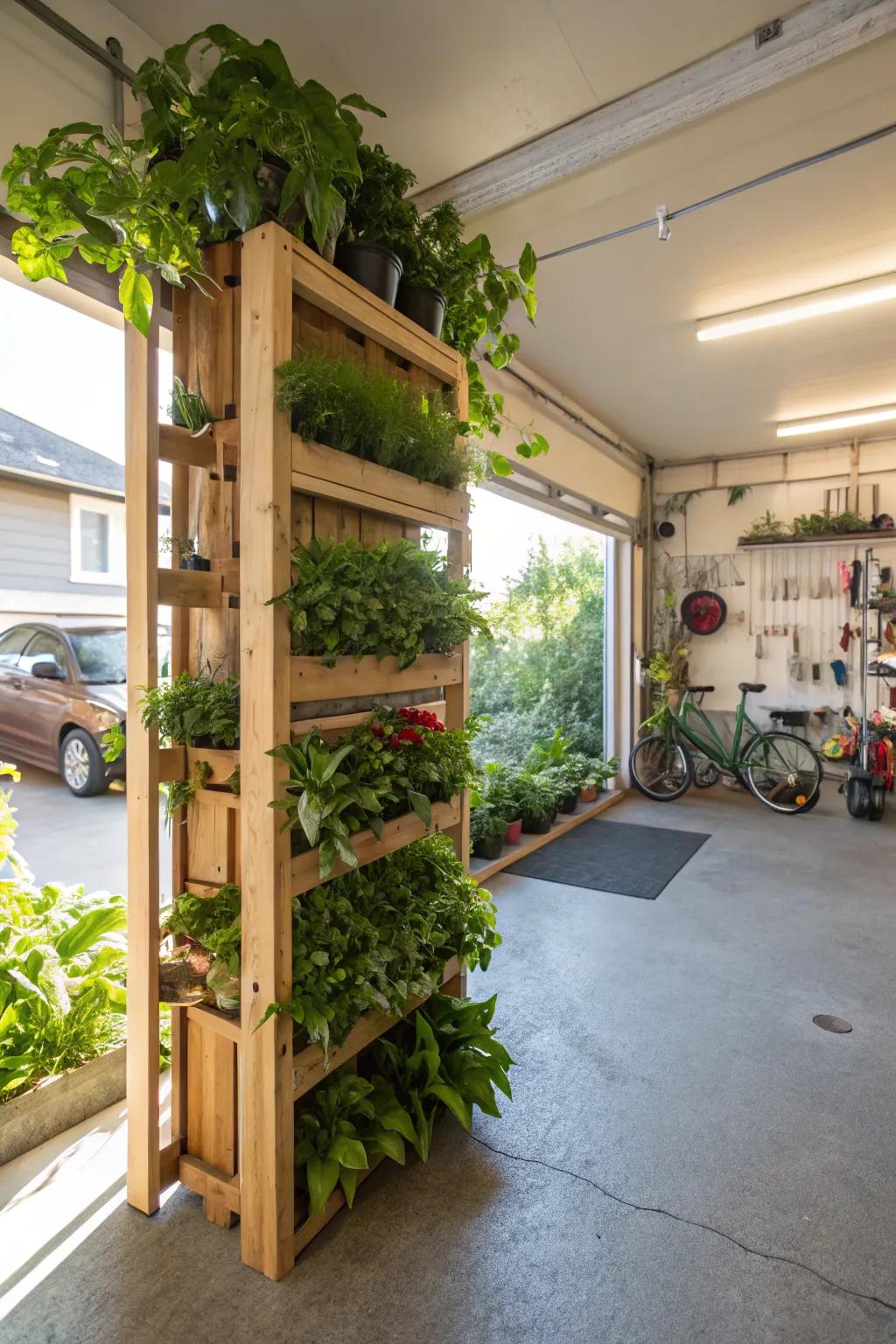 A lush indoor garden thriving inside a garage.