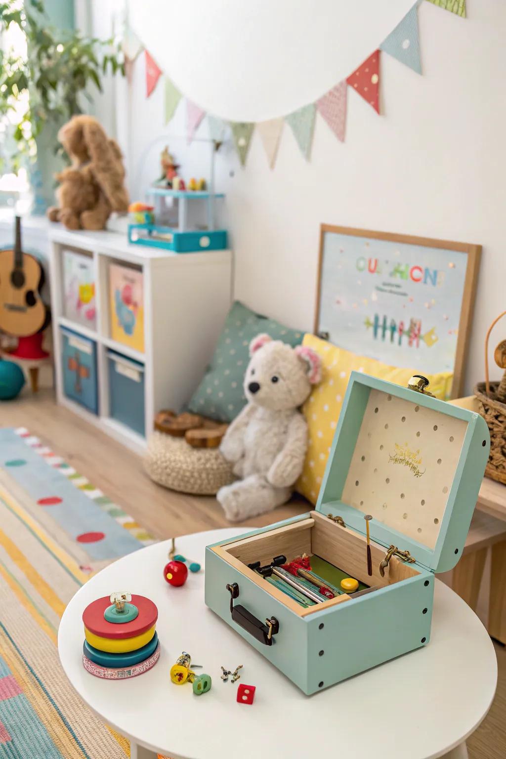 An interactive melody chest that delights with sound and movement.
