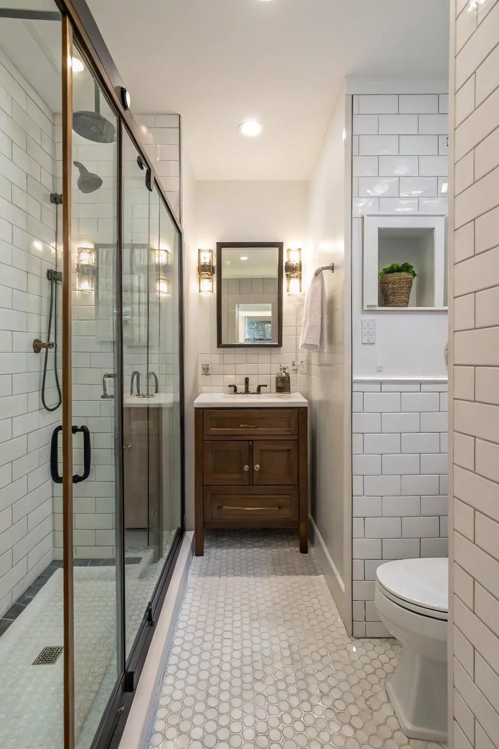 Walk-in showers provide an open, luxurious feel in narrow bathrooms.