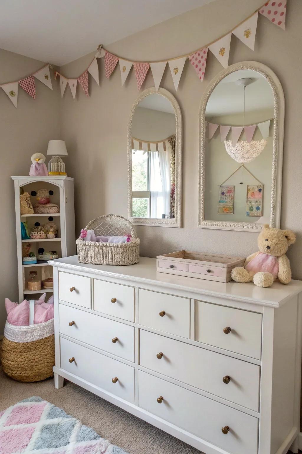 Paired mirrors add balance and symmetry to this nursery.