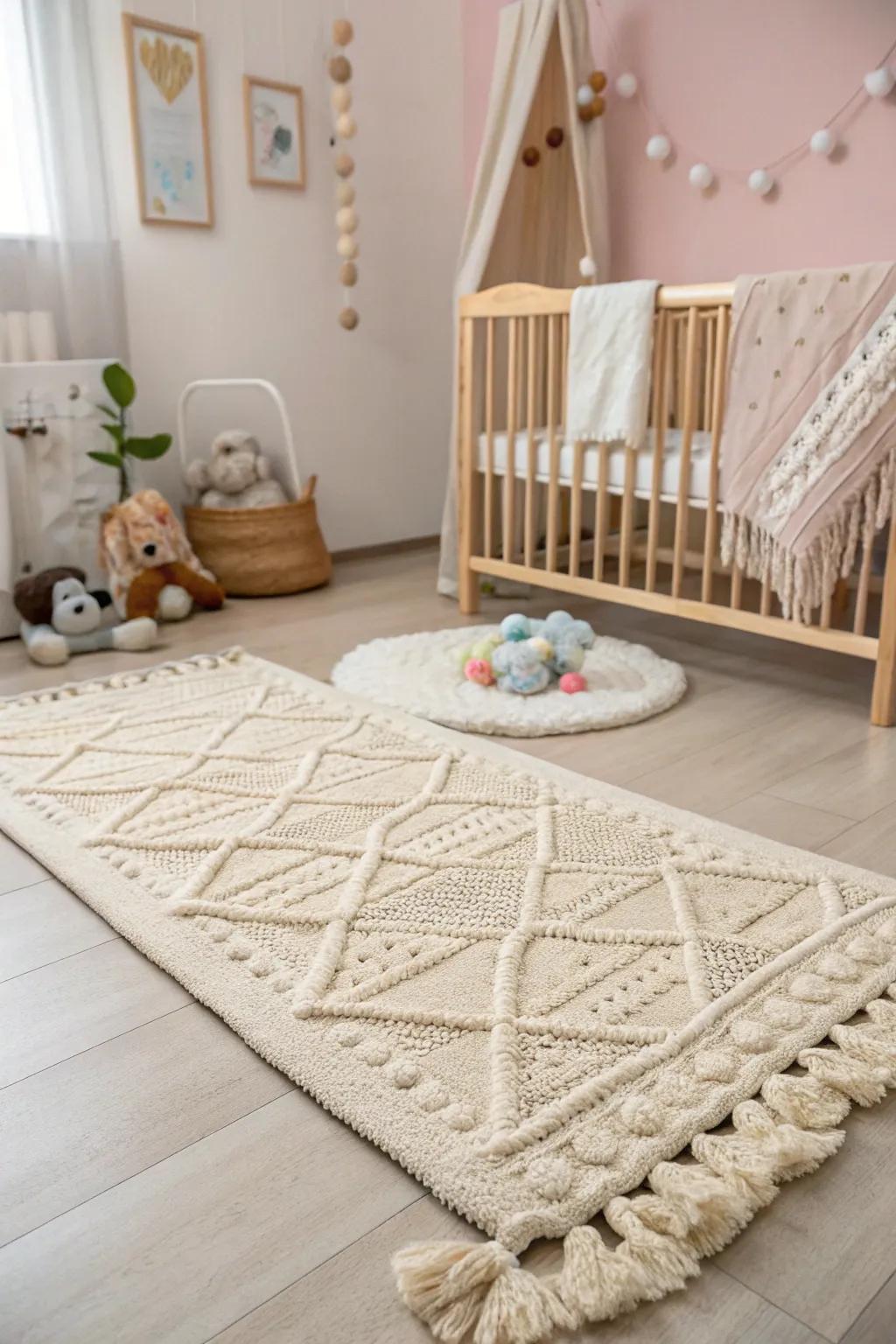 Textured rugs add depth and interest to the nursery.