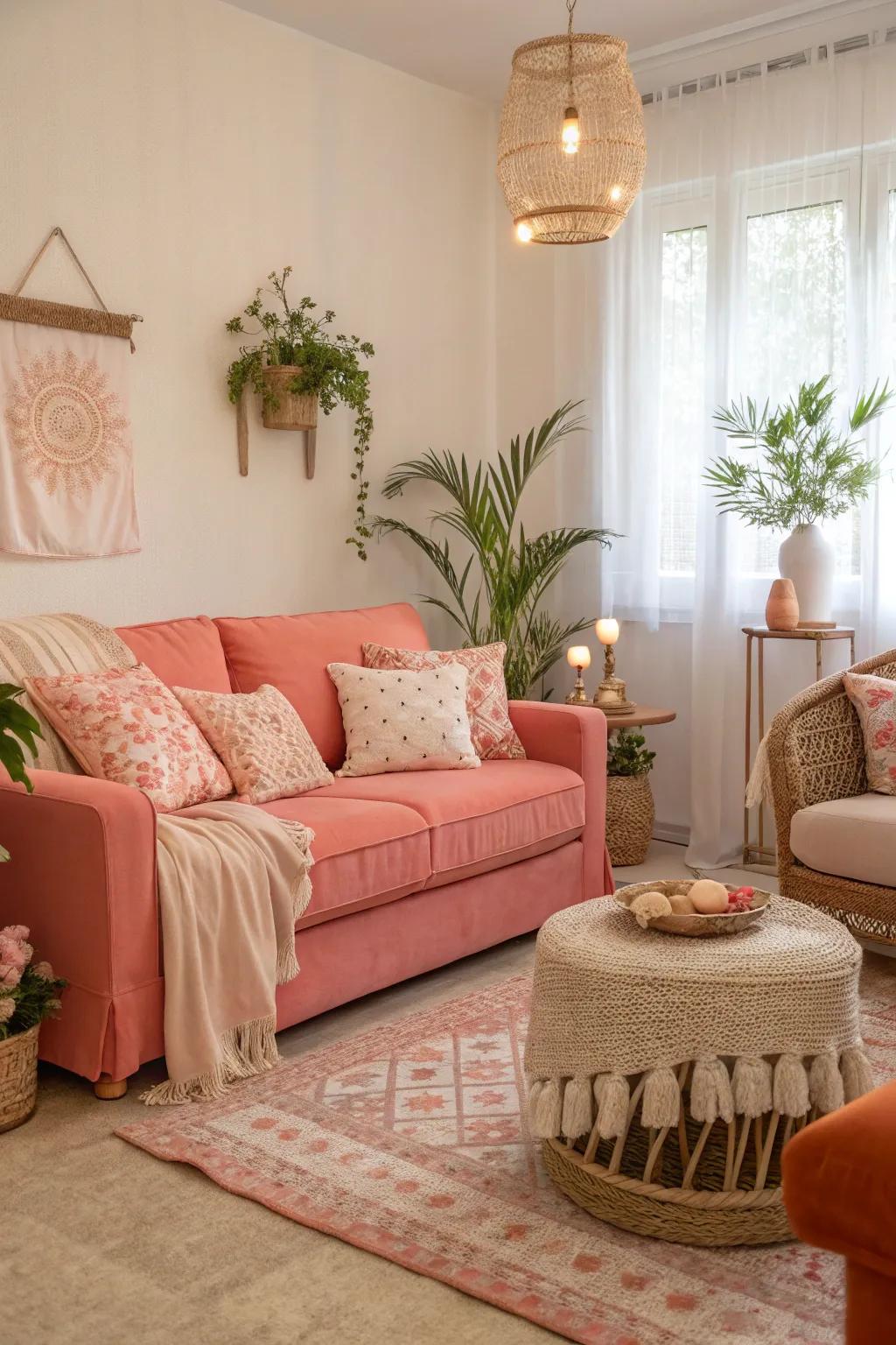 Soft peach and coral tones bring warmth and tranquility to this living space.