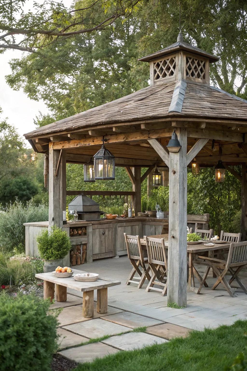 Embrace rustic elegance with a farmhouse-inspired outdoor kitchen gazebo.