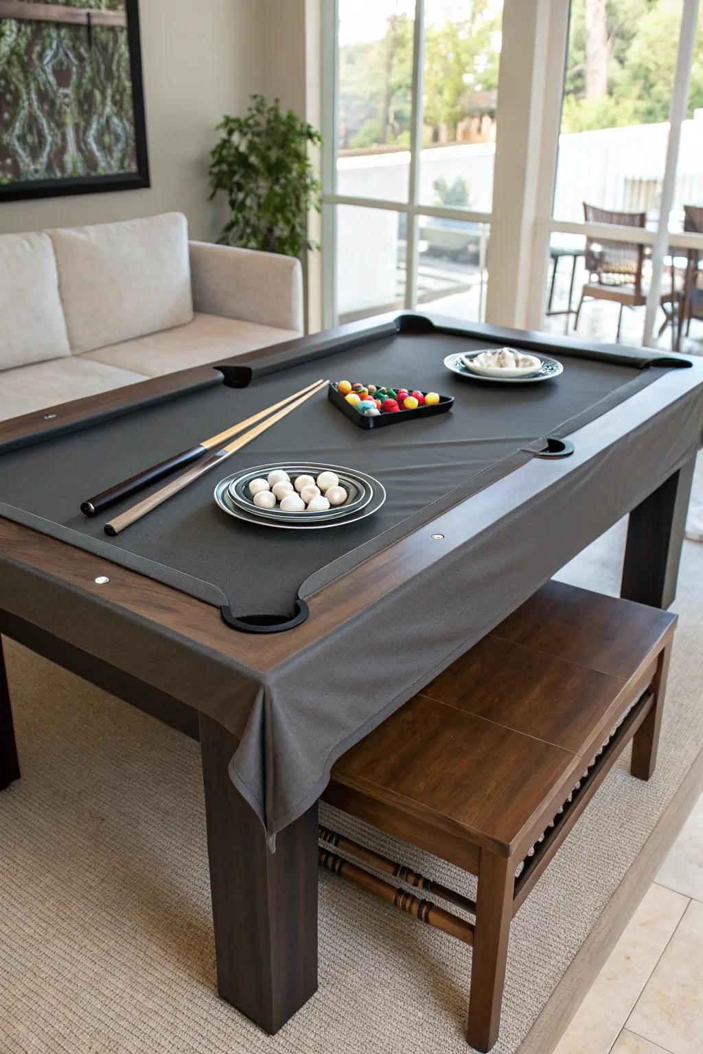 A pool table with a convertible cover that doubles as a dining area.