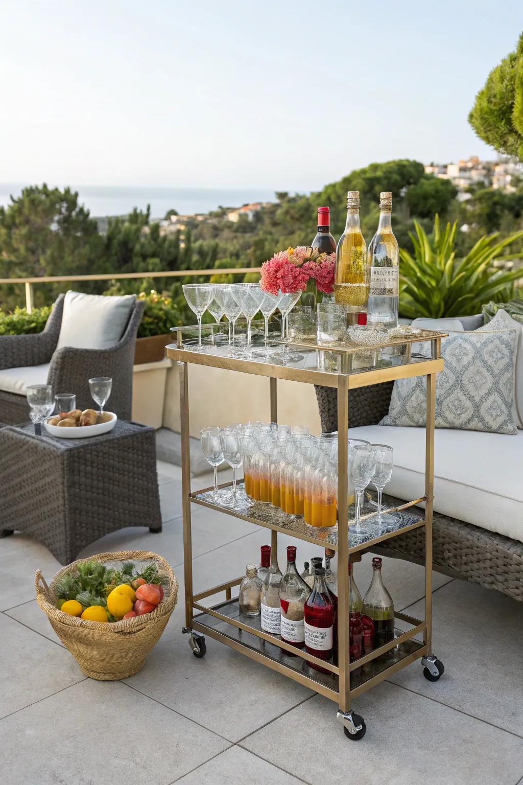 A bar cart enhances outdoor gatherings with style and functionality.