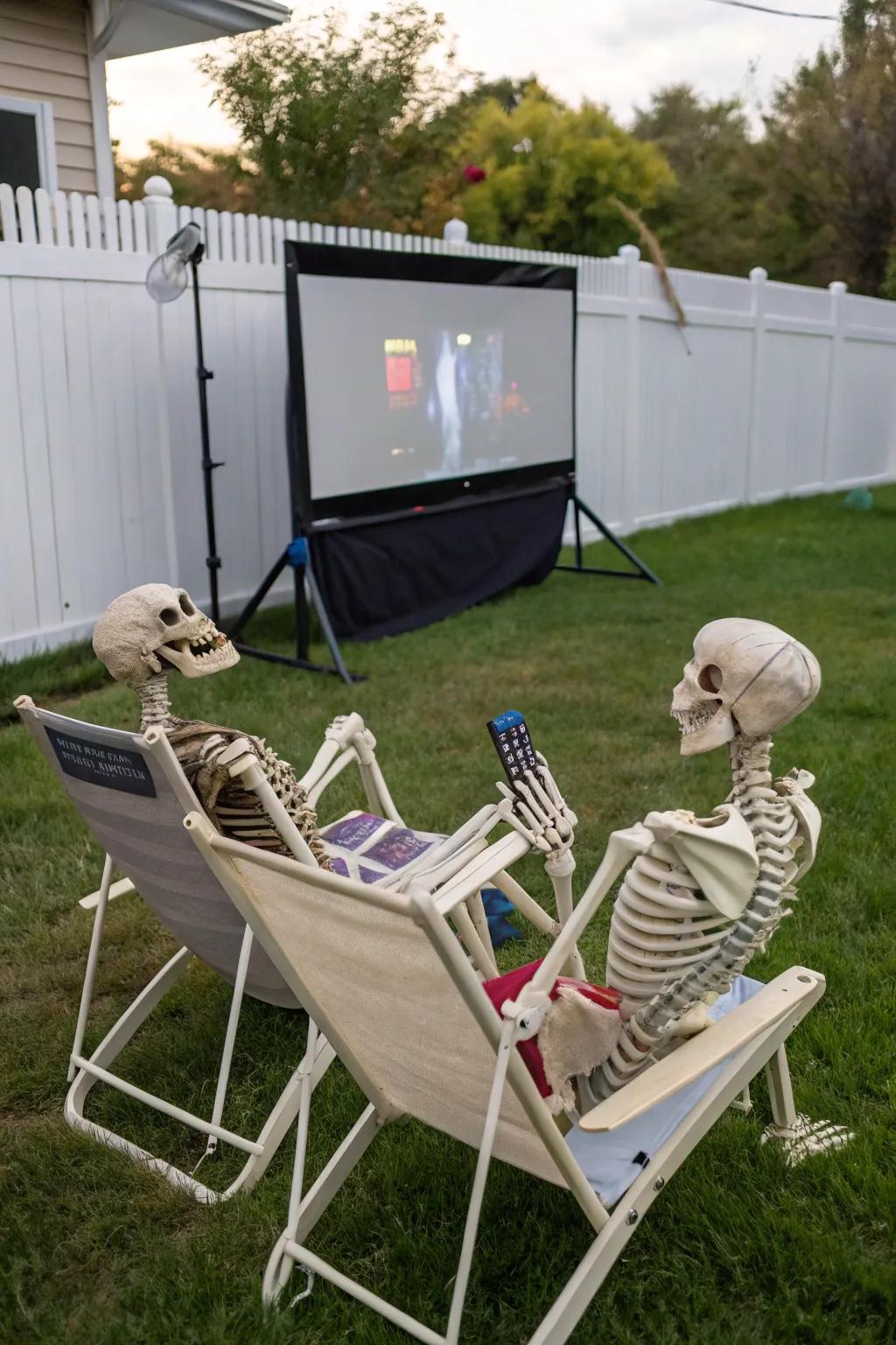 Skeletons enjoying a drive-in movie night.