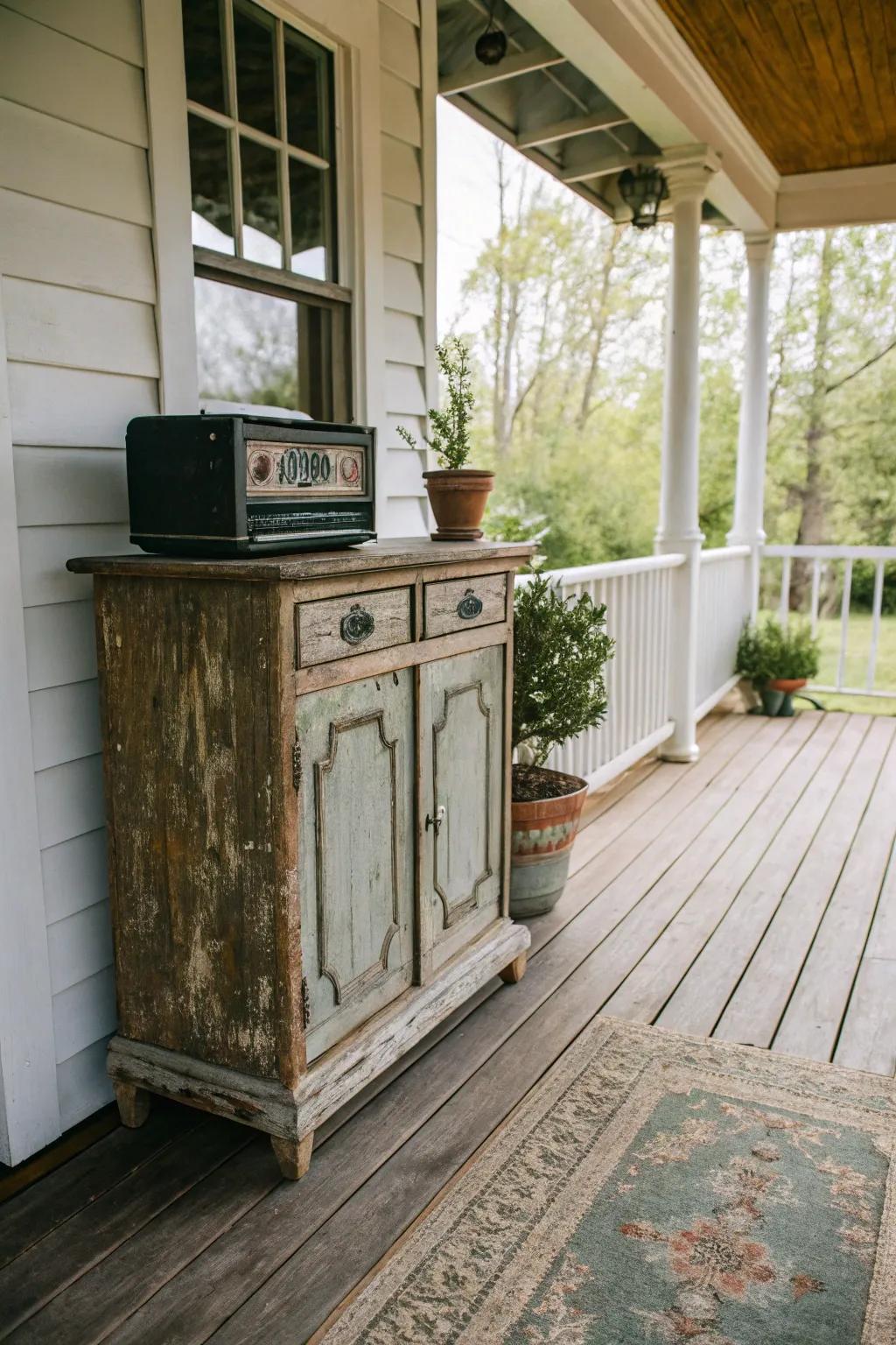 Weathered cabinets provide a cozy and inviting feel to outdoor spaces.