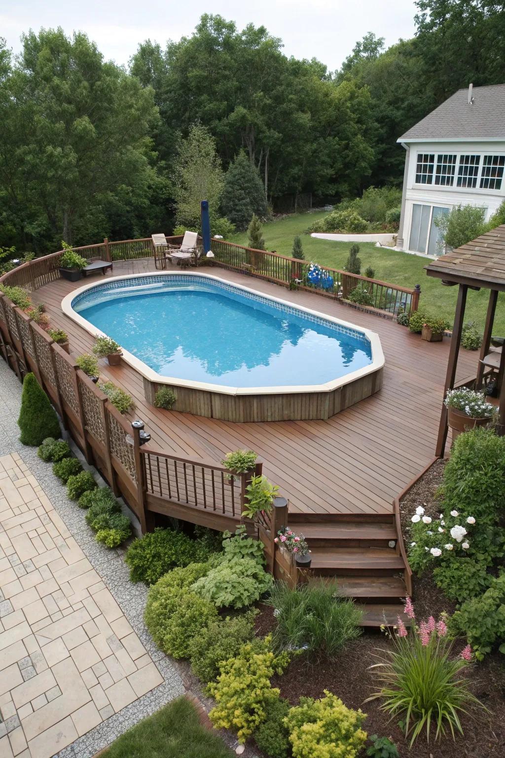 A custom-shaped deck adds a unique flair to this pool setup.