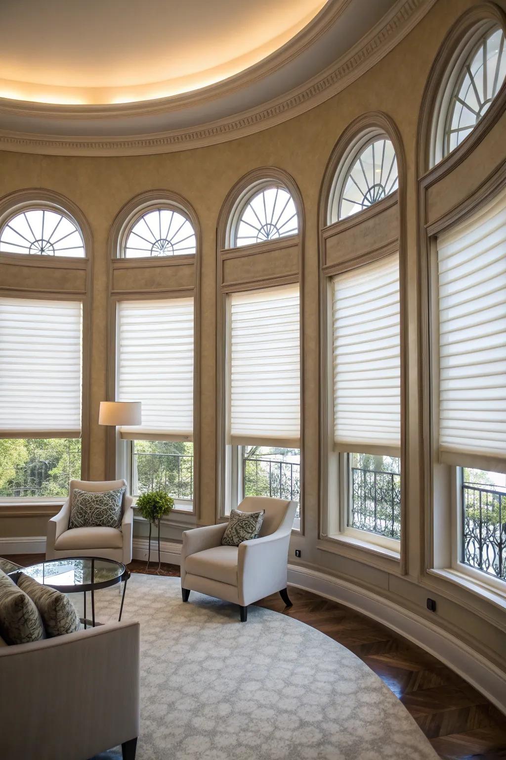 Consistent blind styles across multiple windows create a unified aesthetic.